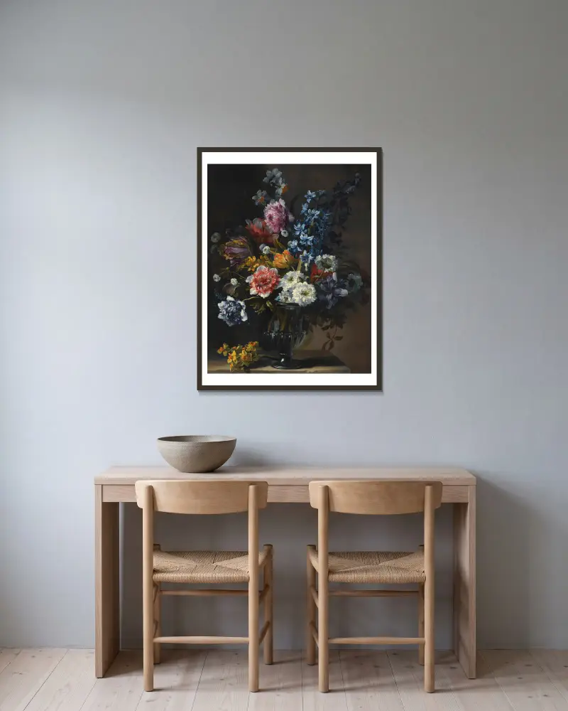 A Still Life With Tulips, A Hyacinth And Other Flowers In A Glass Vase On A Stone Plinth av Jean-Baptiste Monnoyer inramad på en vägg
