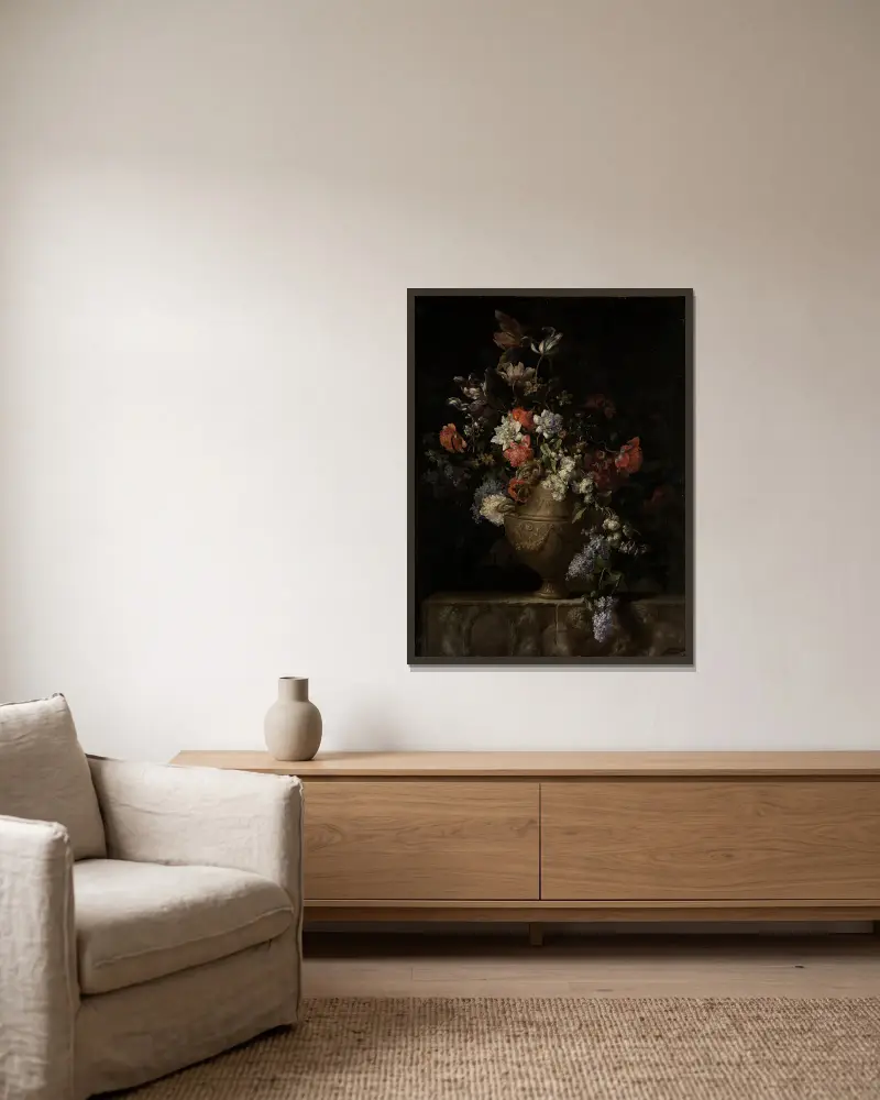 Blumenstillleben in Vase – nr 2 av Jean-Baptiste Monnoyer inramad på en vägg