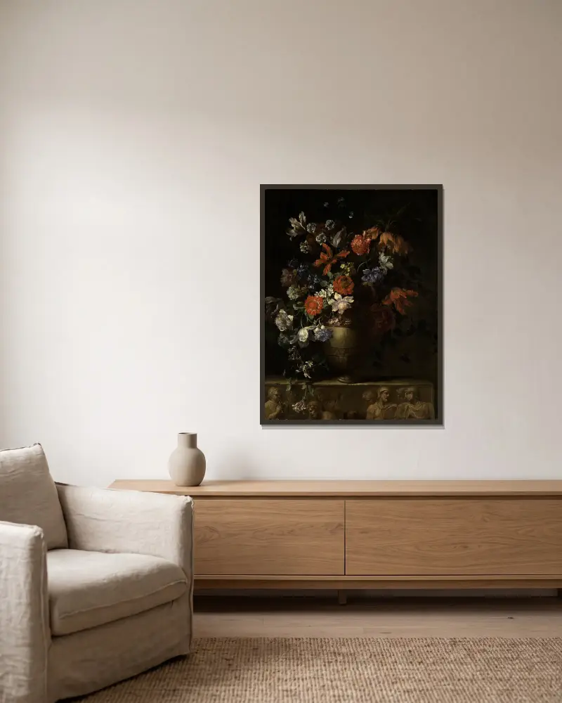 Blumenstillleben in Vase. – nr 1 av Jean-Baptiste Monnoyer inramad på en vägg
