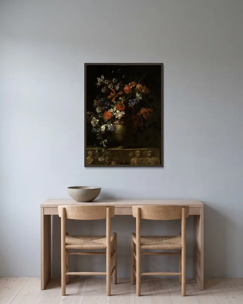 Blumenstillleben in Vase. – nr 1 av Jean-Baptiste Monnoyer inramad på en vägg