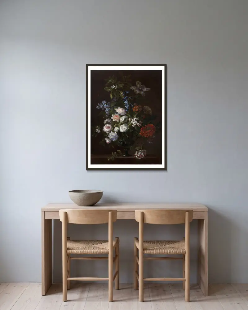 Bouquet of flowers in a vase on an entablature av Jean-Baptiste Monnoyer inramad på en vägg