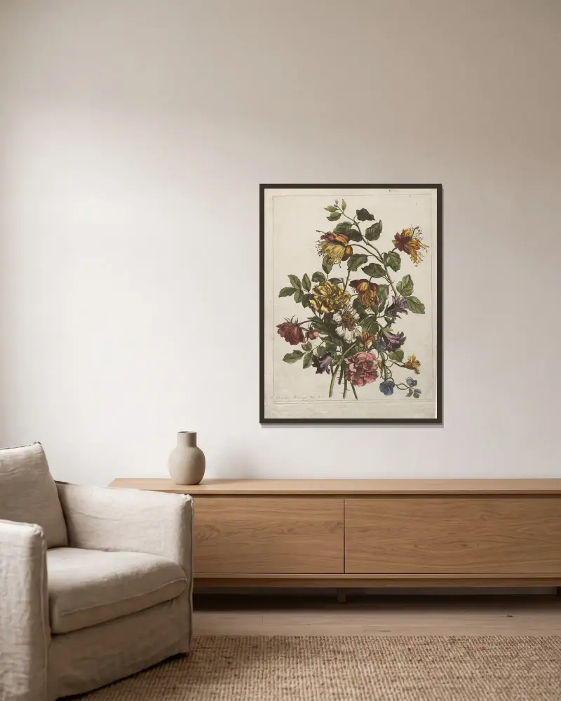 Bouquet of flowers av Jean-Baptiste Monnoyer inramad på en vägg