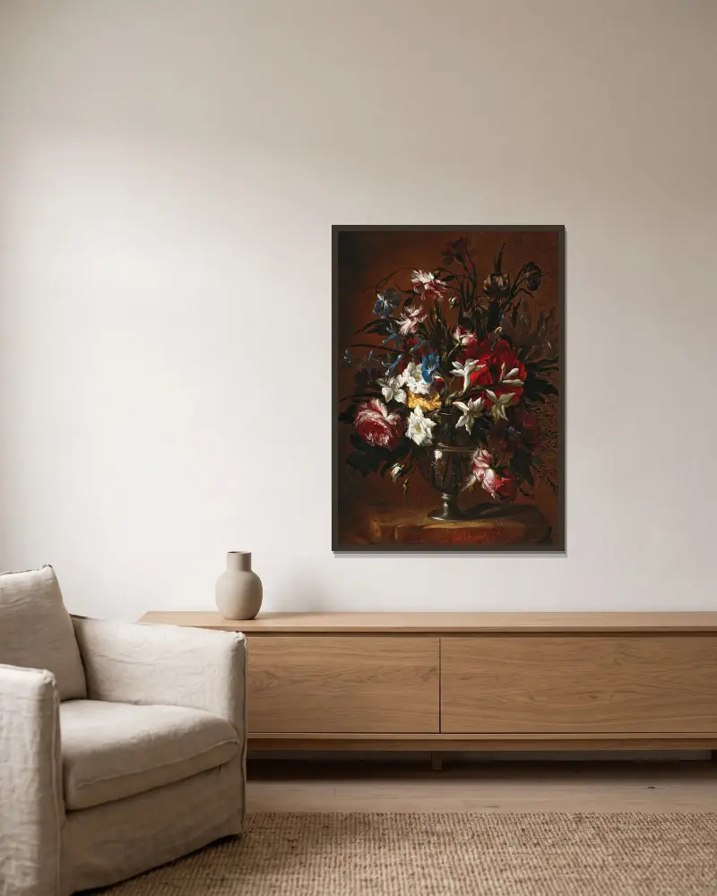 Carnations, roses, lilies and other flowers in a vase on a ledge av Jean-Baptiste Monnoyer inramad på en vägg