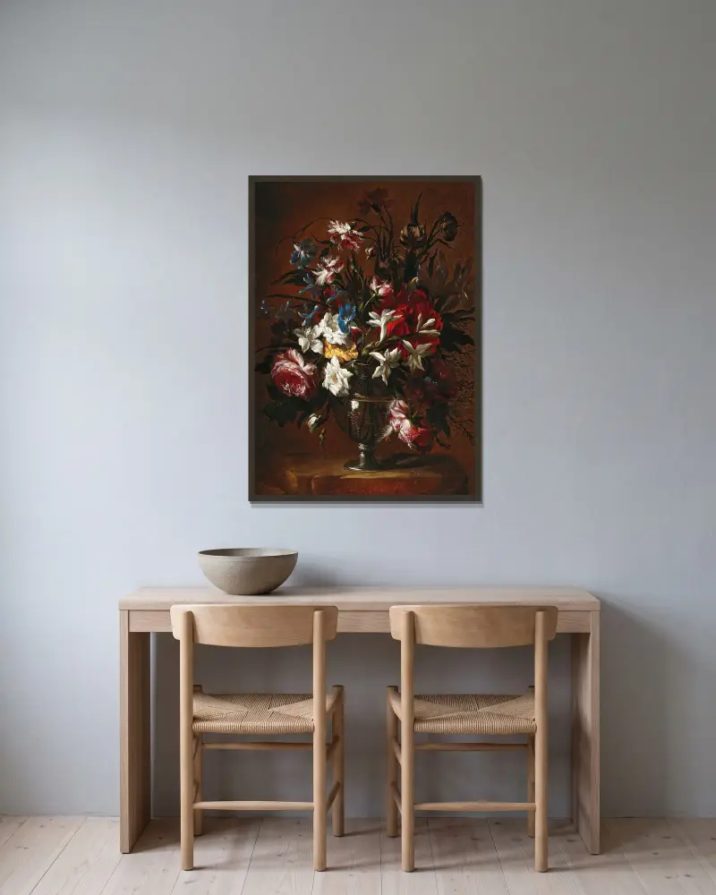 Carnations, roses, lilies and other flowers in a vase on a ledge av Jean-Baptiste Monnoyer inramad på en vägg