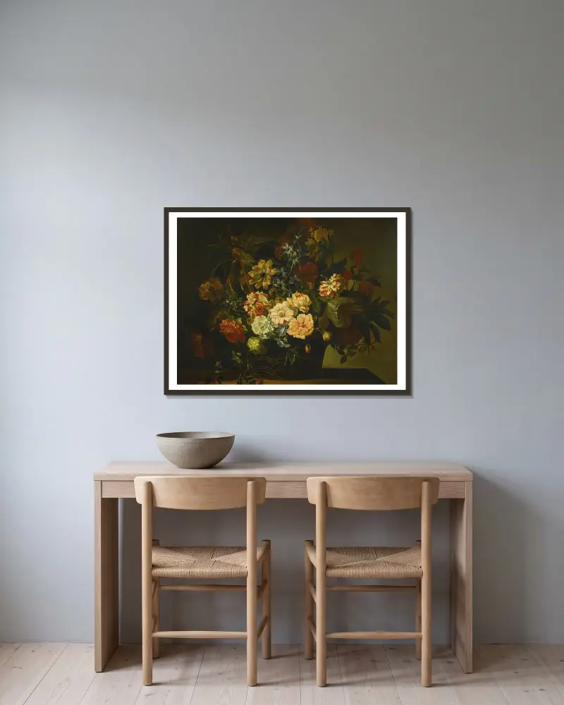 Dahlias, Tulips, Honeysuckle and other flowers in a basket on a table av Jean-Baptiste Monnoyer inramad på en vägg