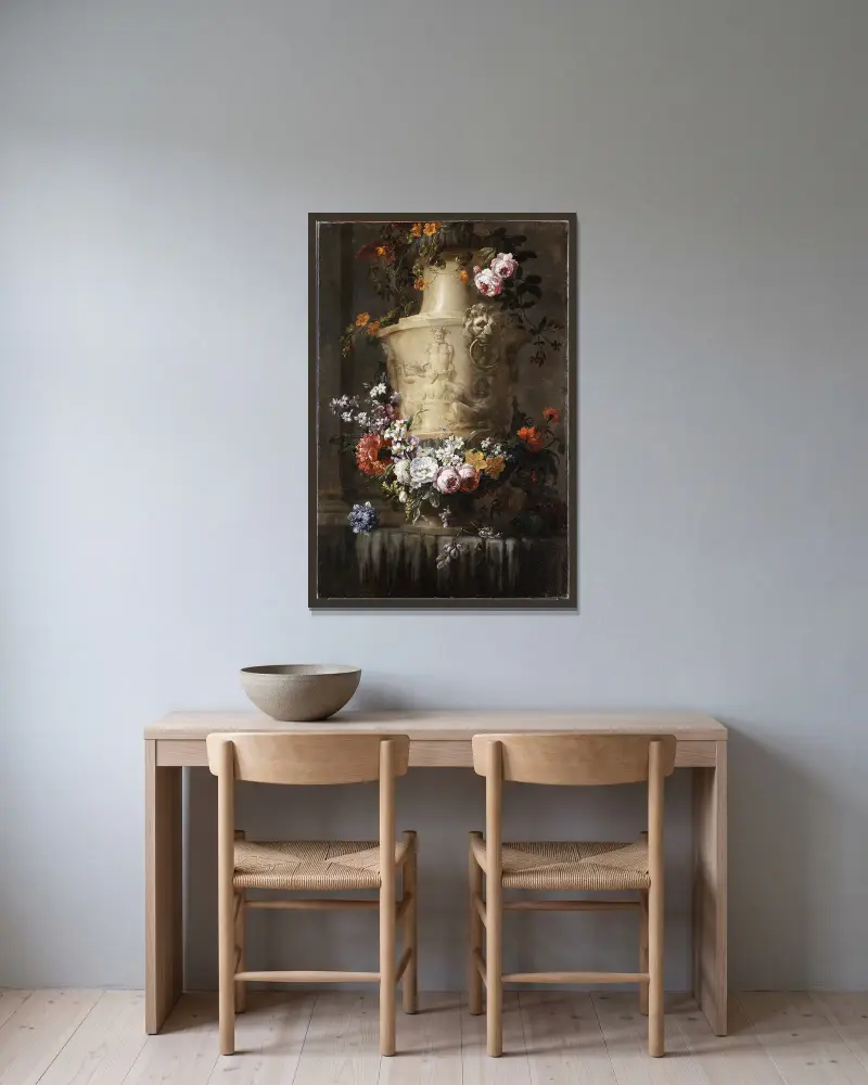 Marble Vase with Garland of Flowers – nr 1 av Jean-Baptiste Monnoyer inramad på en vägg