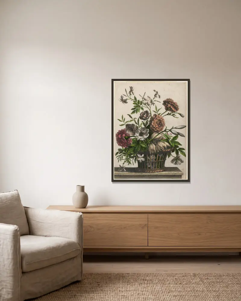 Marigolds, single Anemone, Jasmine… av Jean-Baptiste Monnoyer inramad på en vägg