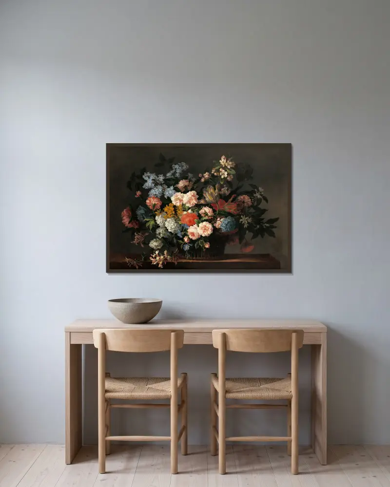 Still life with basket of flowers av Jean-Baptiste Monnoyer inramad på en vägg