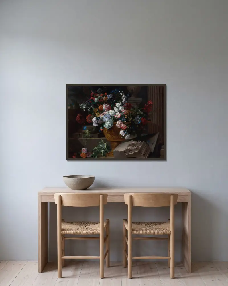 Still Life With Flowers In A Sculpted Urn With Architectural Fragments On A Terrace av Jean-Baptiste Monnoyer inramad på en vägg