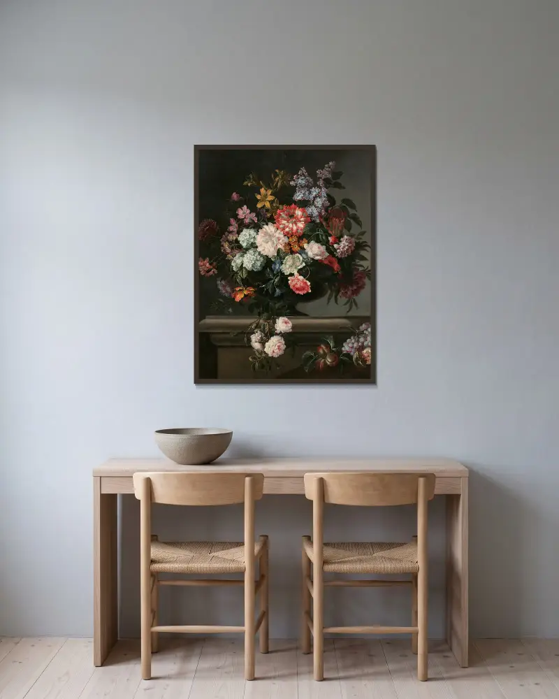 Vase de fleurs et fruits sur un entablement av Jean-Baptiste Monnoyer inramad på en vägg