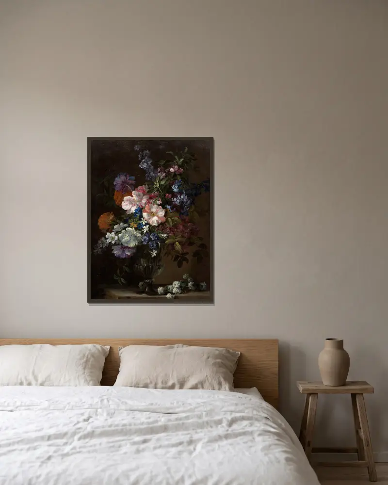 Vase de fleurs sur un entablement av Jean-Baptiste Monnoyer inramad på en vägg