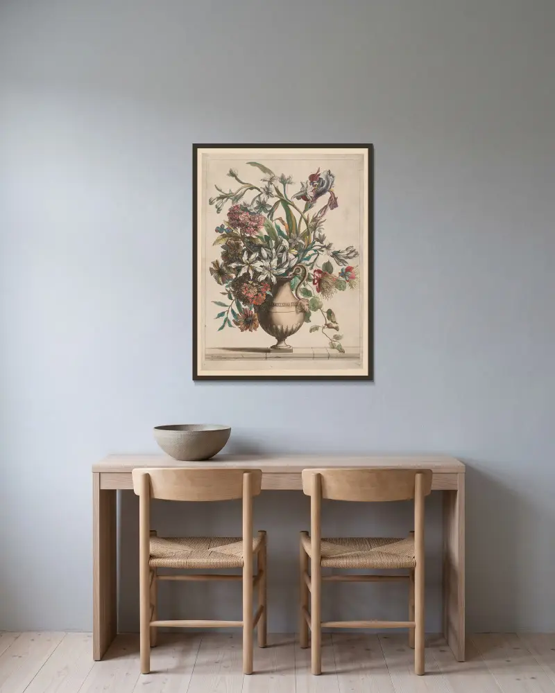 Vase of Flowers av Jean-Baptiste Monnoyer inramad på en vägg