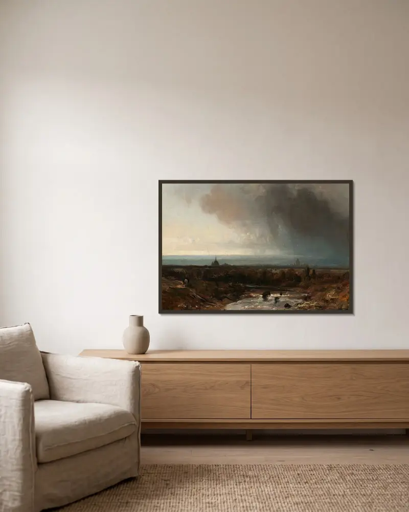 Flodlandskap under stormig himmel av Johan Barthold Jongkind inramad på en vägg