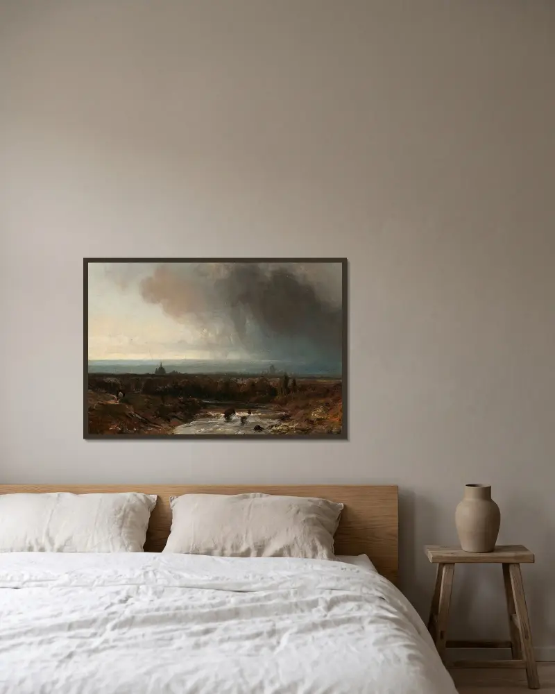 Flodlandskap under stormig himmel av Johan Barthold Jongkind inramad på en vägg