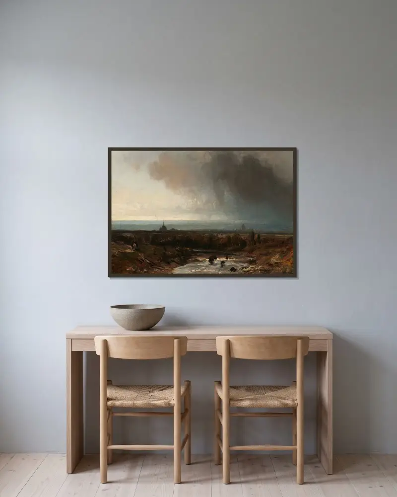 Flodlandskap under stormig himmel av Johan Barthold Jongkind inramad på en vägg