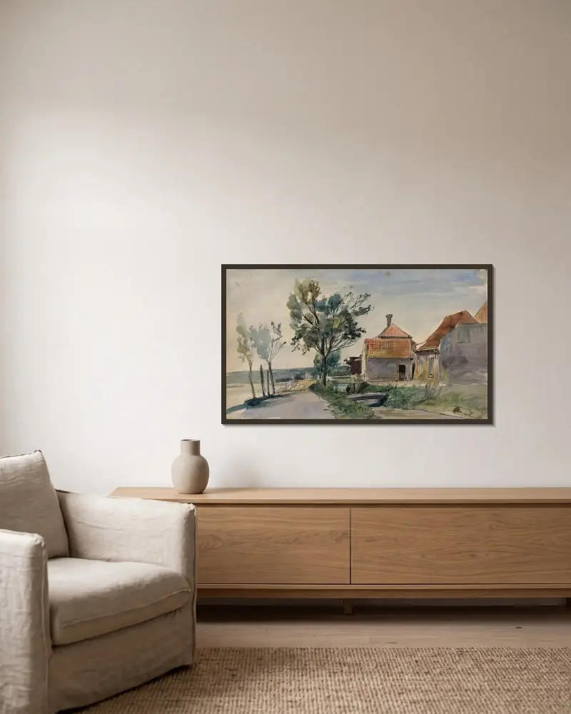 En bäck som rinner mellan hus och en väg av Johan Barthold Jongkind inramad på en vägg