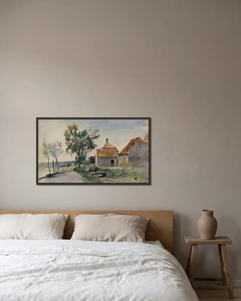 En bäck som rinner mellan hus och en väg av Johan Barthold Jongkind inramad på en vägg