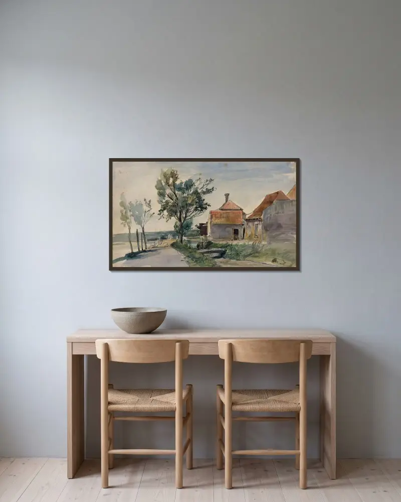 En bäck som rinner mellan hus och en väg av Johan Barthold Jongkind inramad på en vägg