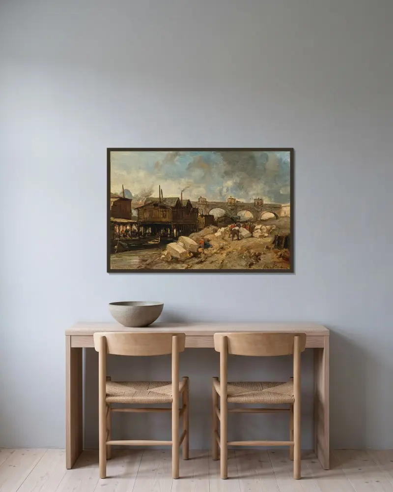 Bain, bateaux-lavoirs près du Pont-Neuf av Johan Barthold Jongkind inramad på en vägg