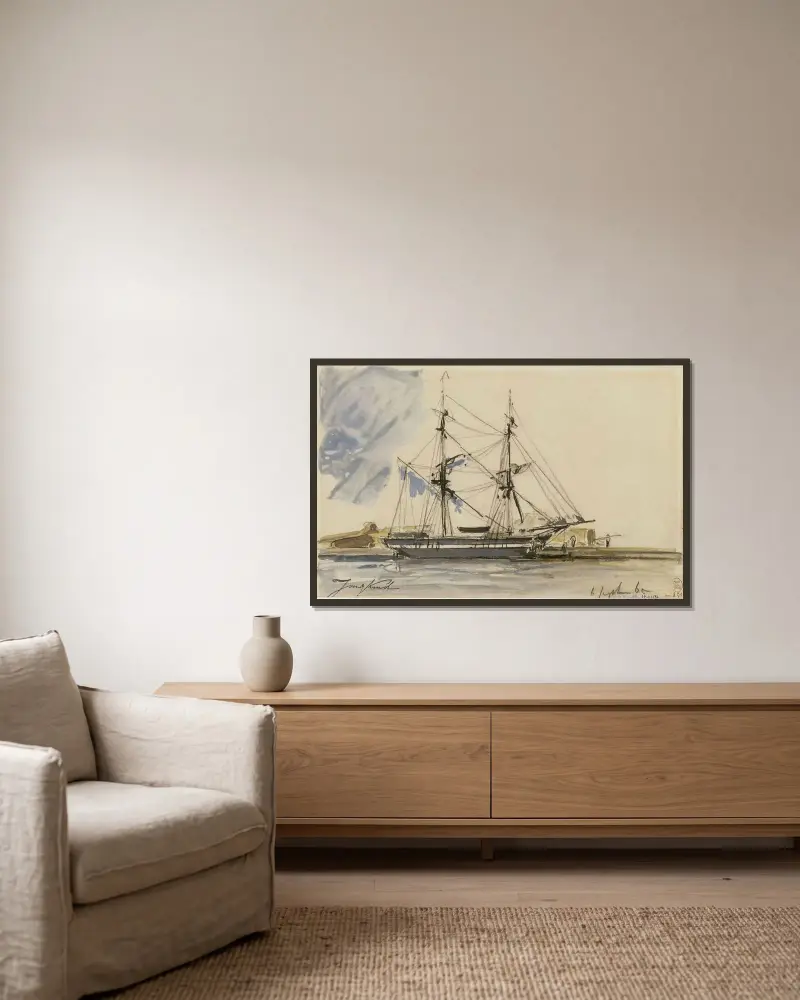 Segelbåt vid kaj av Johan Barthold Jongkind inramad på en vägg