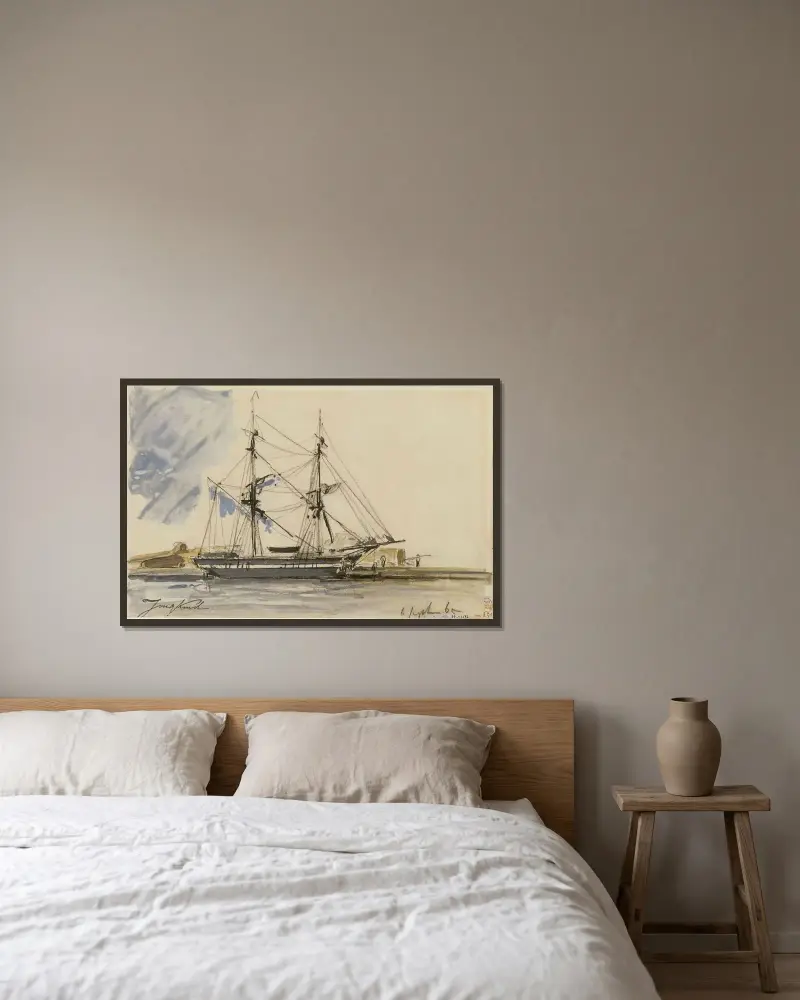 Segelbåt vid kaj av Johan Barthold Jongkind inramad på en vägg