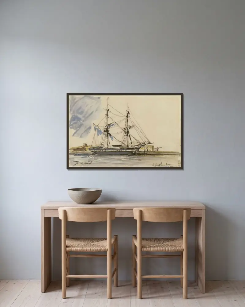 Segelbåt vid kaj av Johan Barthold Jongkind inramad på en vägg