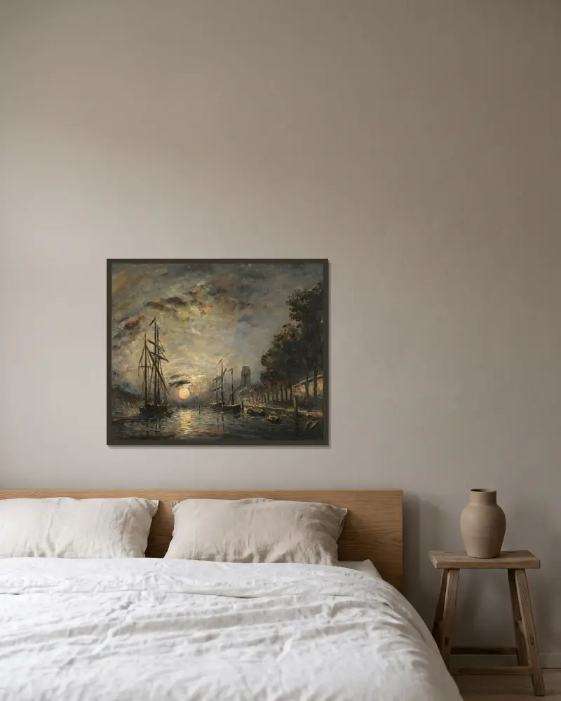 Månsken över en kanal, Dordrecht av Johan Barthold Jongkind inramad på en vägg
