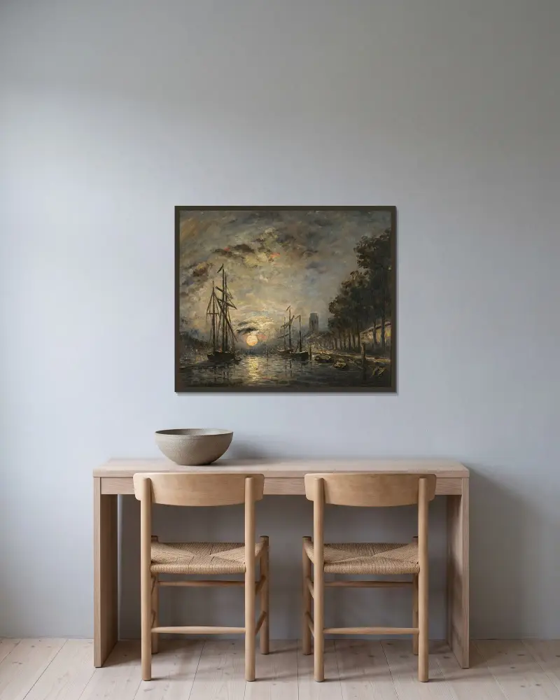 Månsken över en kanal, Dordrecht av Johan Barthold Jongkind inramad på en vägg