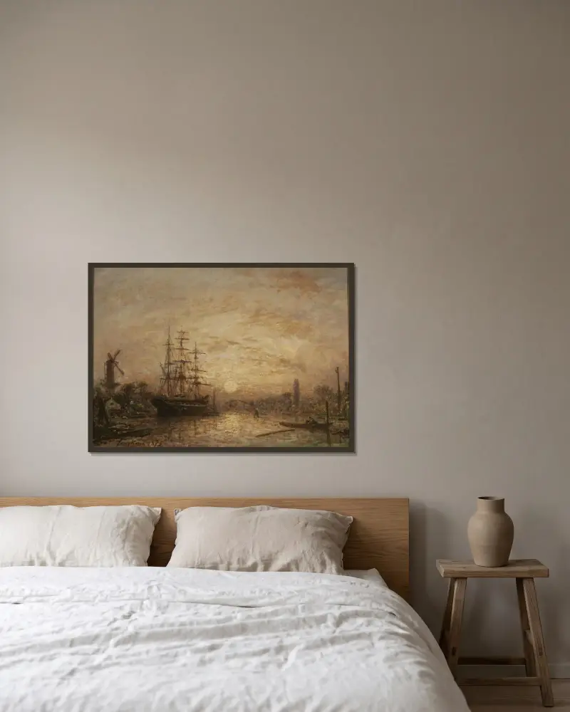 Solnedgång i Holland av Johan Barthold Jongkind inramad på en vägg