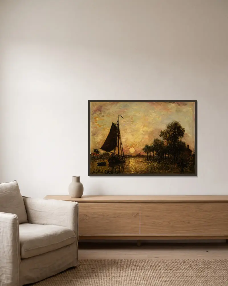 Coucher de soleil en Hollande av Johan Barthold Jongkind inramad på en vägg