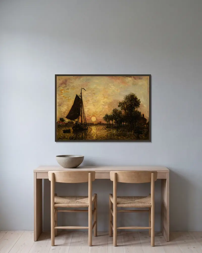 Coucher de soleil en Hollande av Johan Barthold Jongkind inramad på en vägg