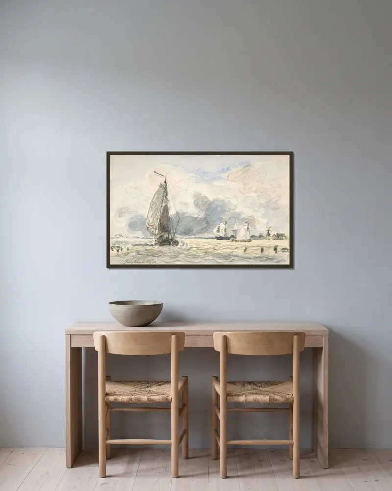 Holländska fiskebåtar av Johan Barthold Jongkind inramad på en vägg