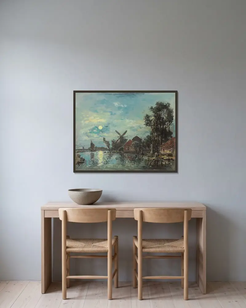 Månsken över flodmynningen, Holland av Johan Barthold Jongkind inramad på en vägg