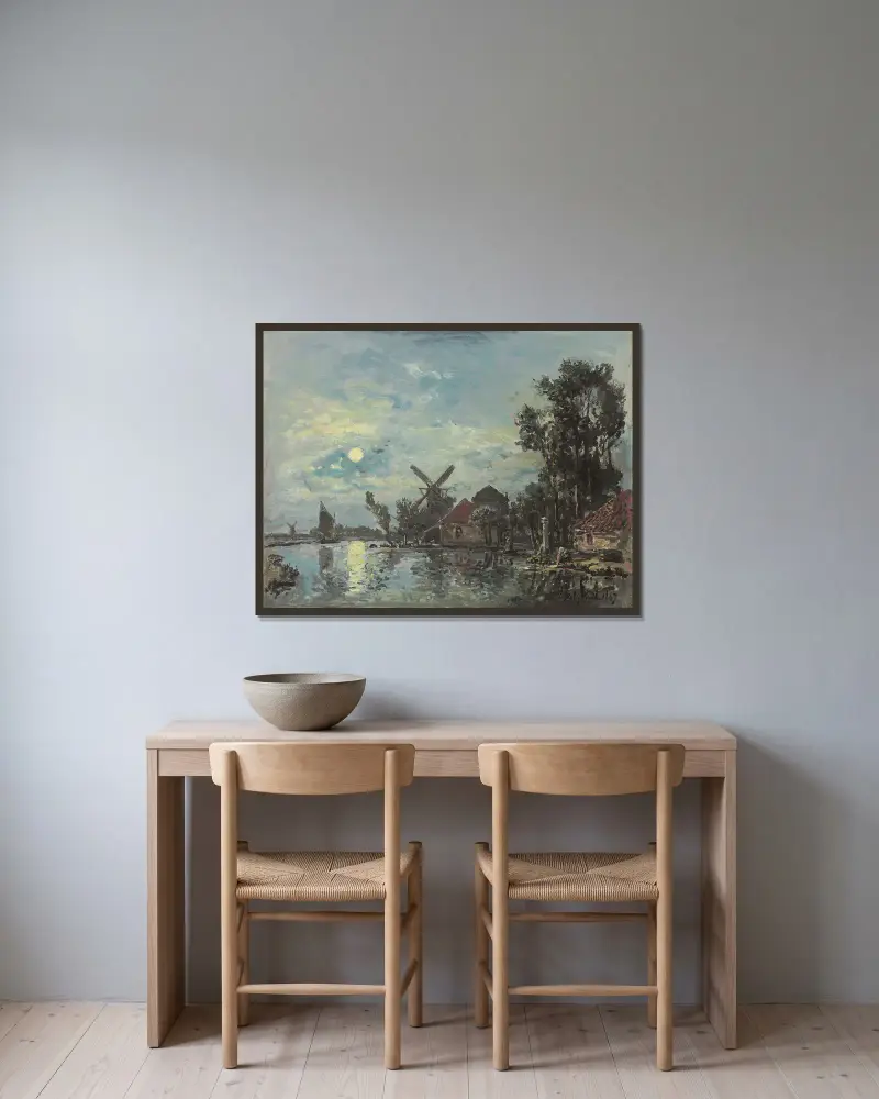 Effet De Lune Sur L’estuaire, Hollande av Johan Barthold Jongkind inramad på en vägg