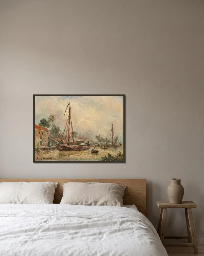 Omnejd av Dordrecht av Johan Barthold Jongkind inramad på en vägg