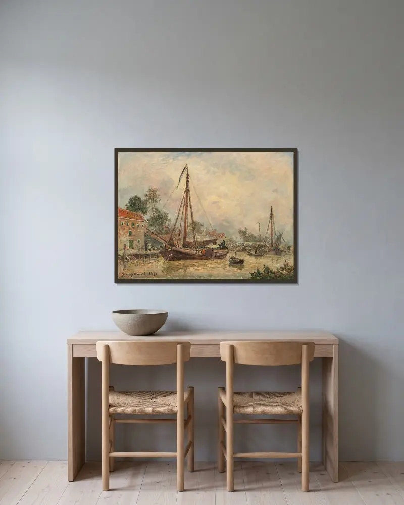 Omnejd av Dordrecht av Johan Barthold Jongkind inramad på en vägg