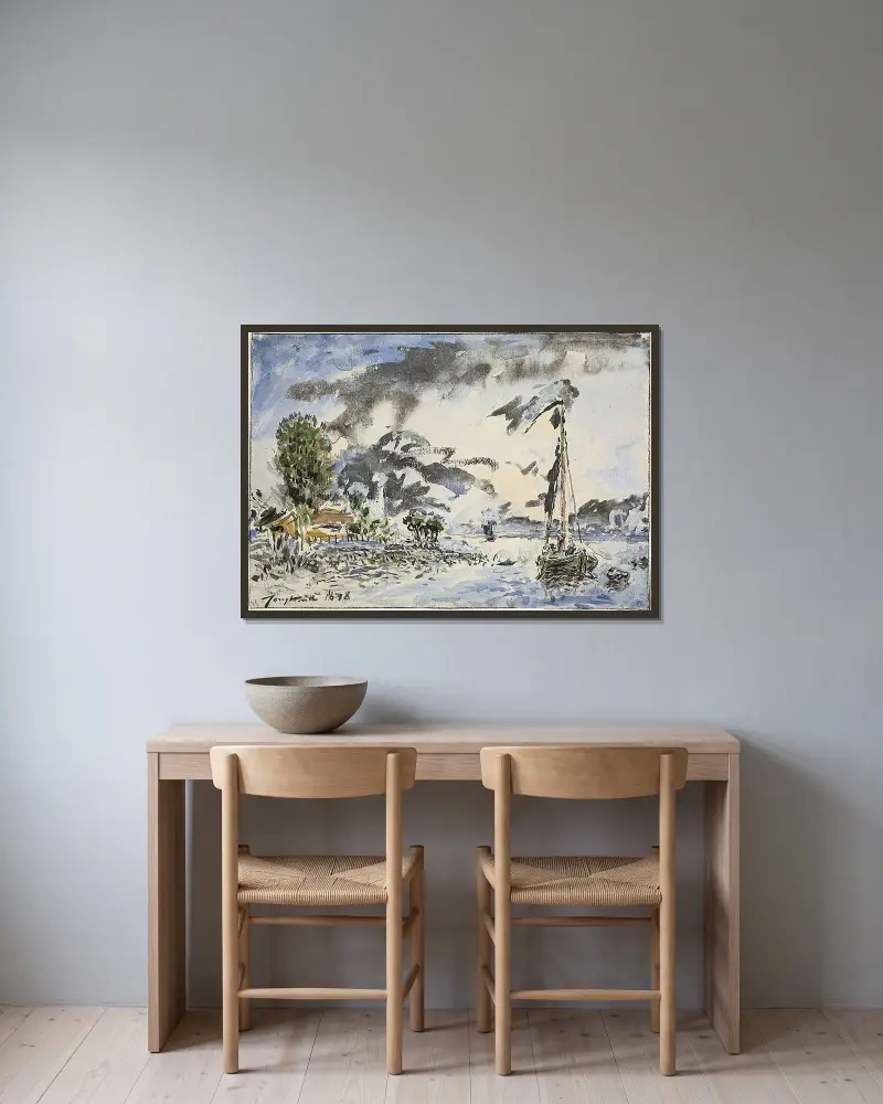 Fiskebåt av Johan Barthold Jongkind inramad på en vägg