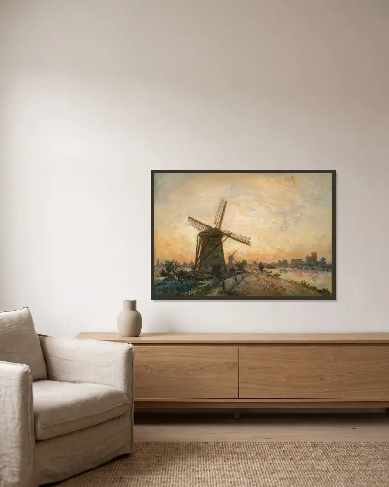 Treideln in Holland von Johan Barthold Jongkind gerahmt an einer Wand