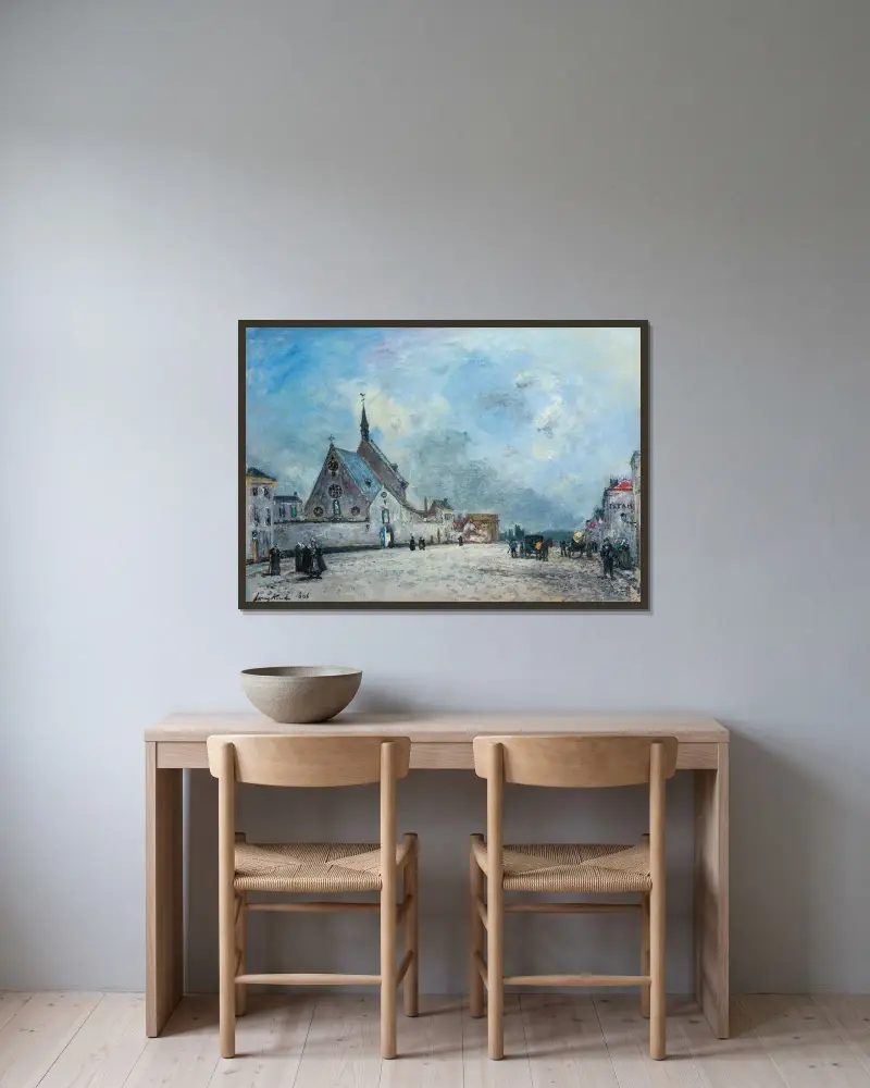 Kyrkplatsen av Johan Barthold Jongkind inramad på en vägg