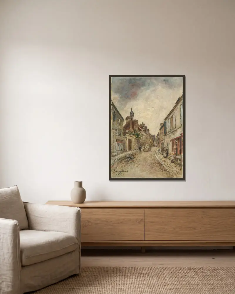 La Rue Creuse, vid hörnet av rue Formorigny, Nevers av Johan Barthold Jongkind inramad på en vägg