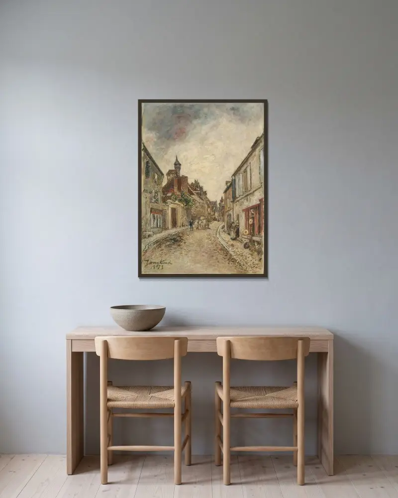 La Rue Creuse, vid hörnet av rue Formorigny, Nevers av Johan Barthold Jongkind inramad på en vägg