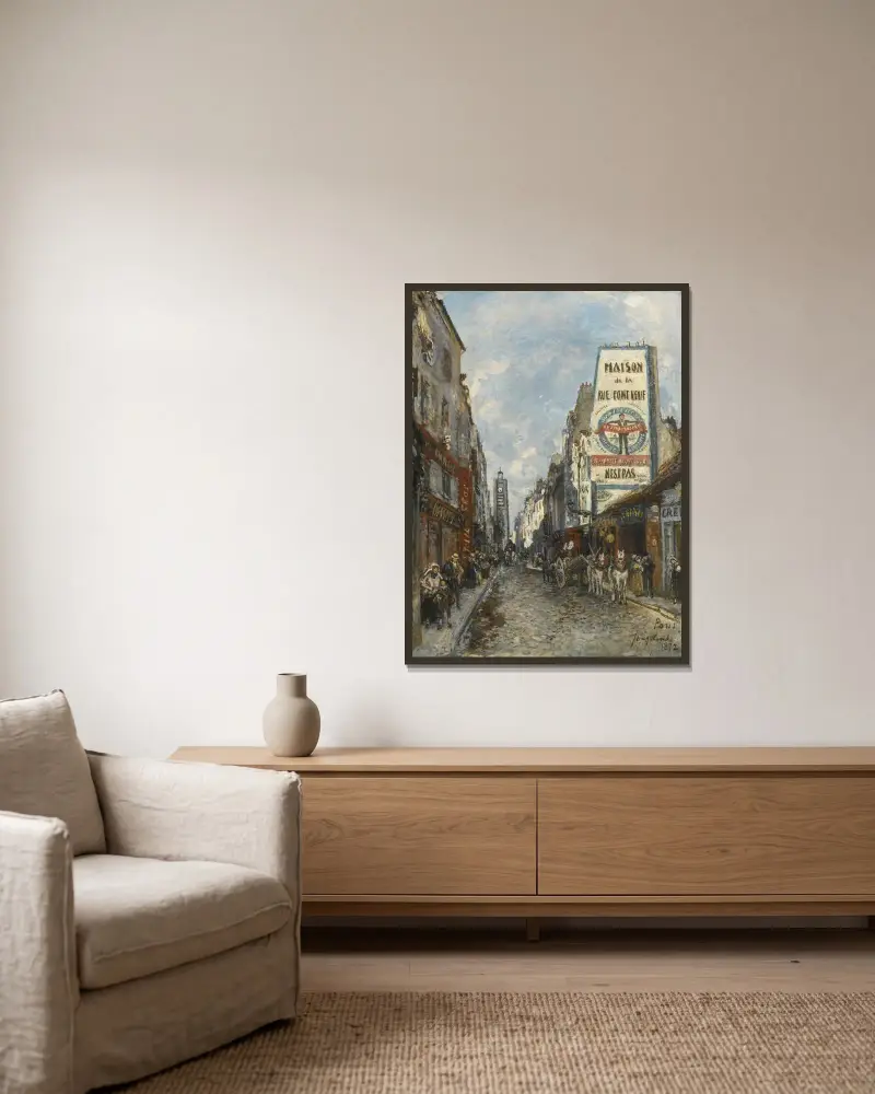 La Rue Saint-Jacques, Paris av Johan Barthold Jongkind inramad på en vägg