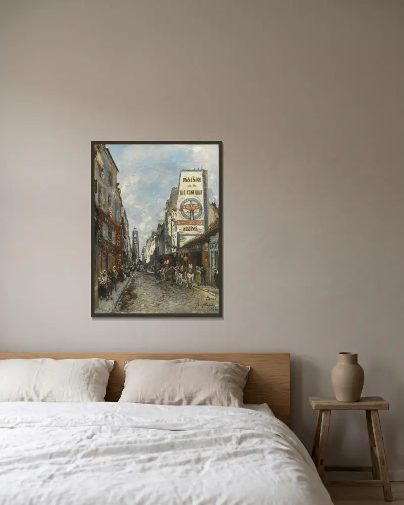 La Rue Saint-Jacques, Paris av Johan Barthold Jongkind inramad på en vägg