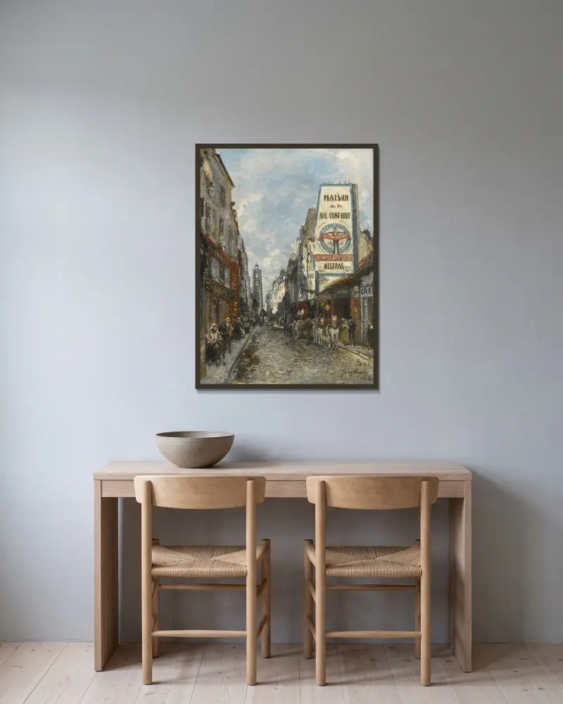 La Rue Saint-Jacques, Paris av Johan Barthold Jongkind inramad på en vägg