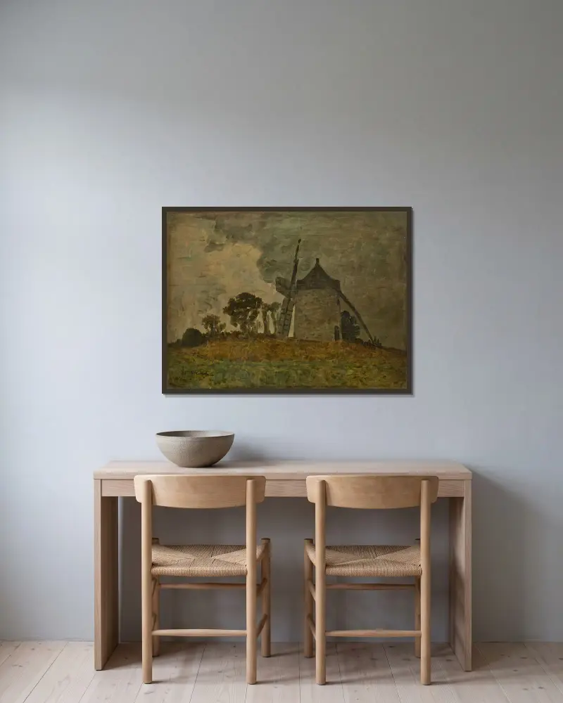Landskap med väderkvarn av Johan Barthold Jongkind inramad på en vägg