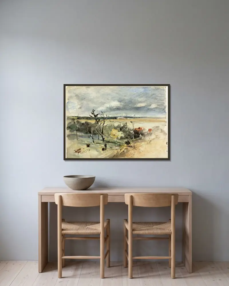 Landskap med man på åsna av Johan Barthold Jongkind inramad på en vägg
