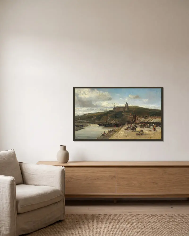 Le Tréport, morgon, Normandie av Johan Barthold Jongkind inramad på en vägg