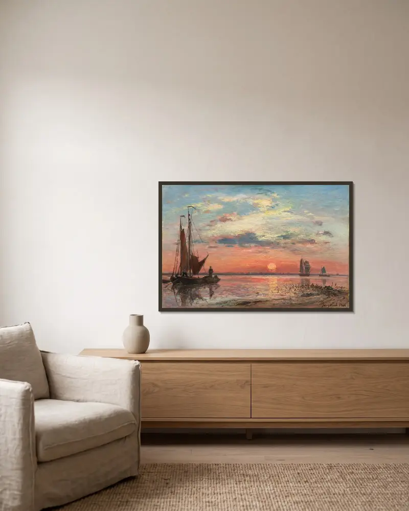 Schelde vid Antwerpen, solnedgång av Johan Barthold Jongkind inramad på en vägg