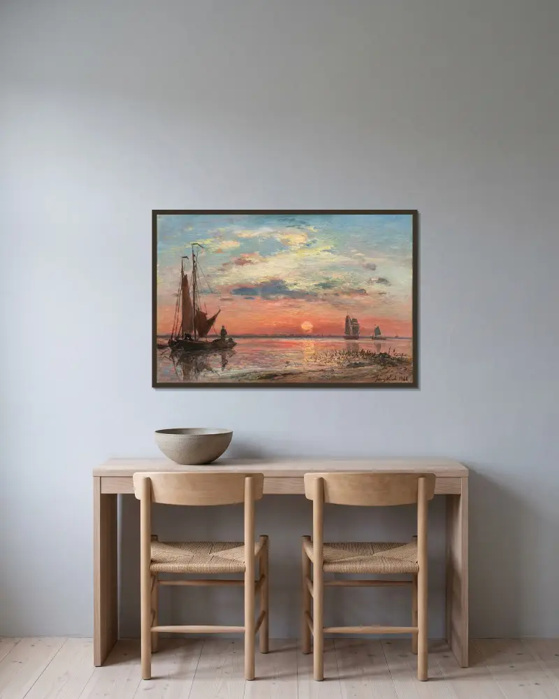Schelde vid Antwerpen, solnedgång av Johan Barthold Jongkind inramad på en vägg