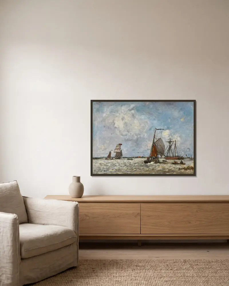 L’Estuaire, Belgique av Johan Barthold Jongkind inramad på en vägg
